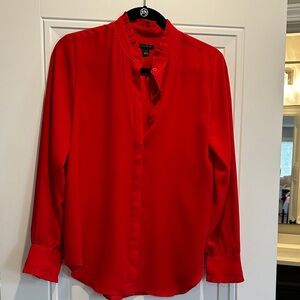 Ann Taylor Vibrant Red Long-Sleeve Mandarin-Neck Blouse